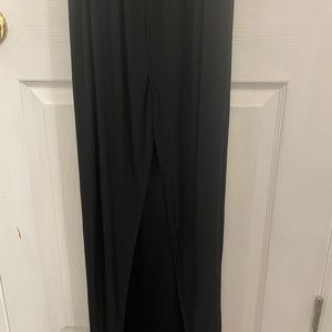 Low Cut V Neck Floor Length Cocktail Dress, black satin